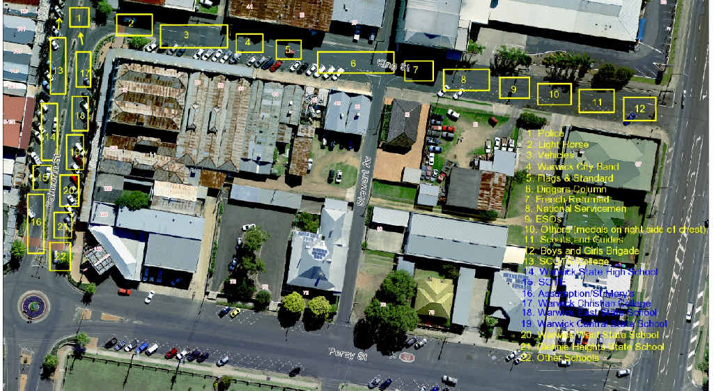 An aerial photo outlining the form-up in King and Palmerin Sts for the Anzac Day parade on Friday morning. An aerial photo outlining the form-up in King and Palmerin Sts for the Anzac Day parade on Friday morning.